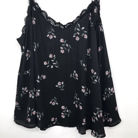 Torrid Black Floral Print Georgette Flowy Lace Trim Cami Tank Top - Picture 11 of 16